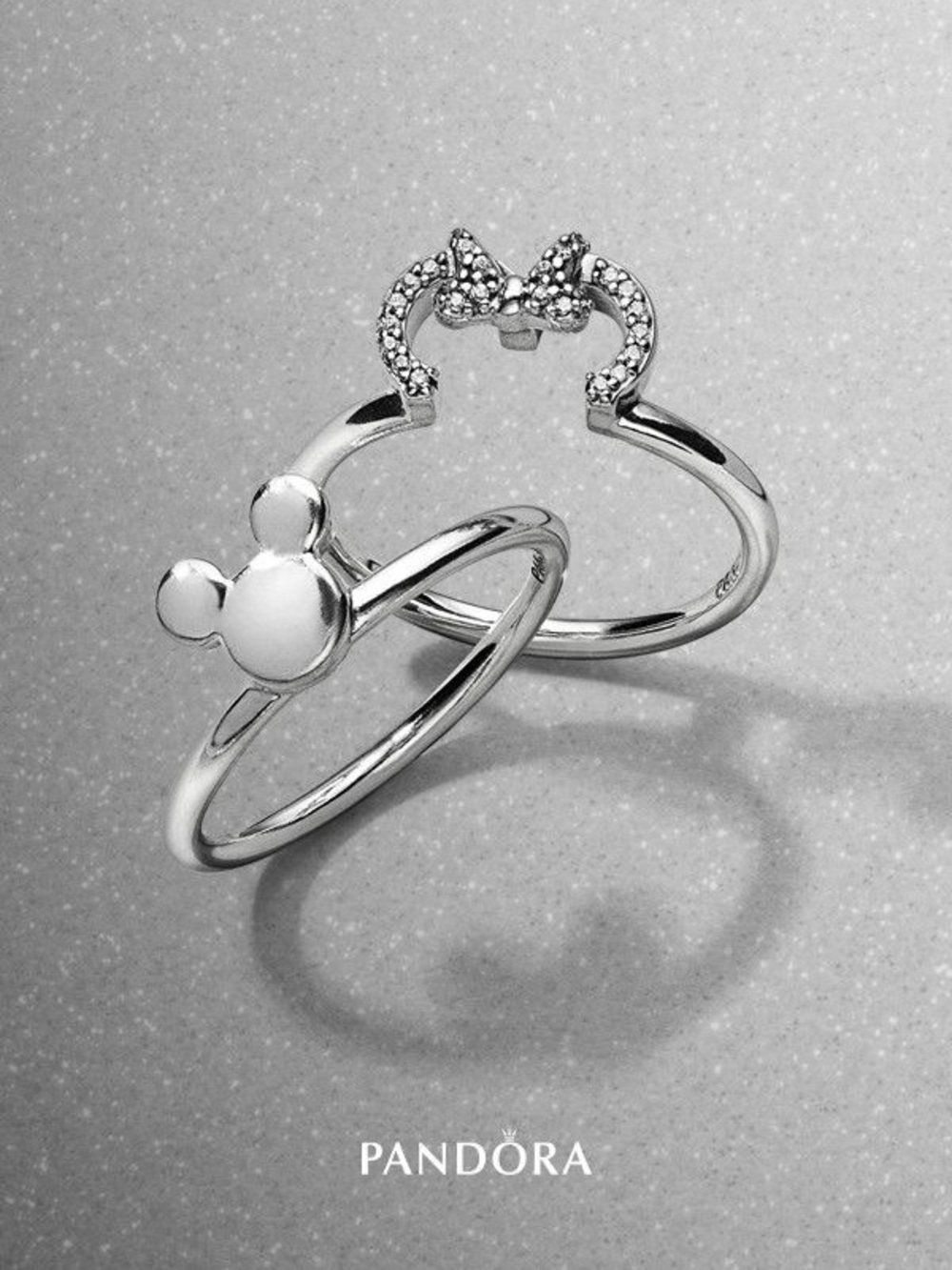 Pandora Disney Mickey Mouse Silhouette Ring & Minnie Bow Ring Set & Minnie Bow